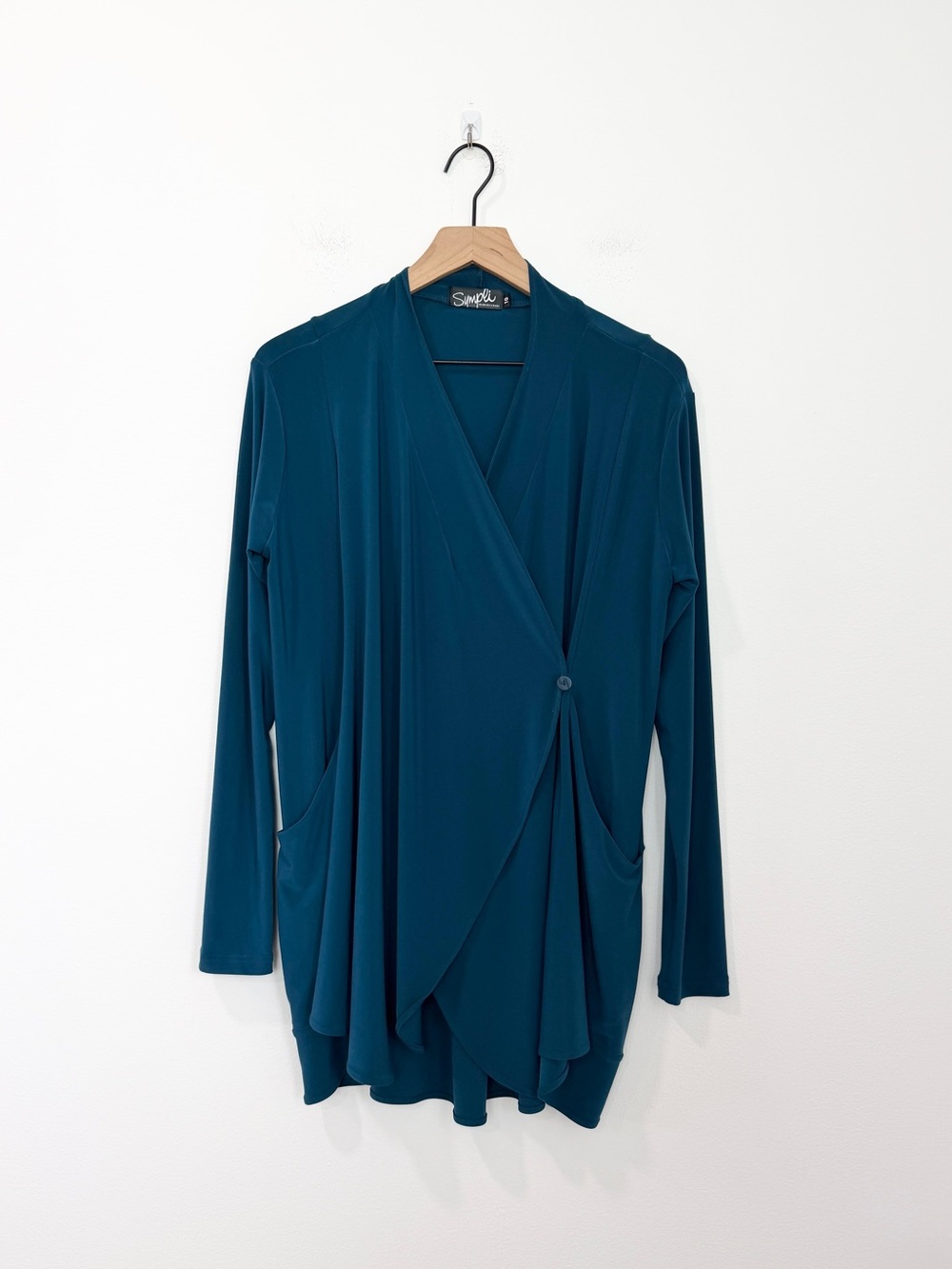 Sympli Wrap Tunic Top Size 10 Teal Blue Long Sleeve Draped Button Front Career